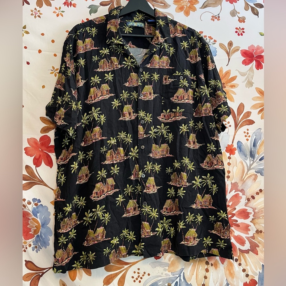 Beach Men’s XXL Travel Tropical Black Tan Hut Vacation Casual Button Slim Shirt